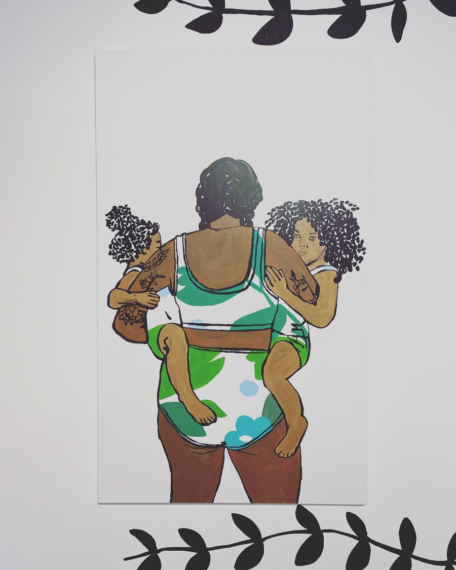 Rachel Gloria Adams artwork of a mum carrying her child