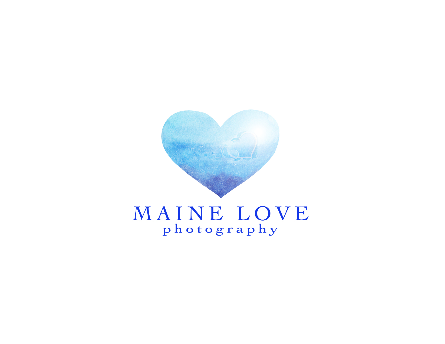 Maine love photography logo which is a Watercolor hand painted blue heart. Symbol of love.