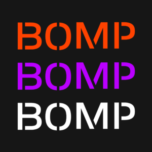 BOMP stacked three times using stencil font in colors orange, purple, and white on white background.