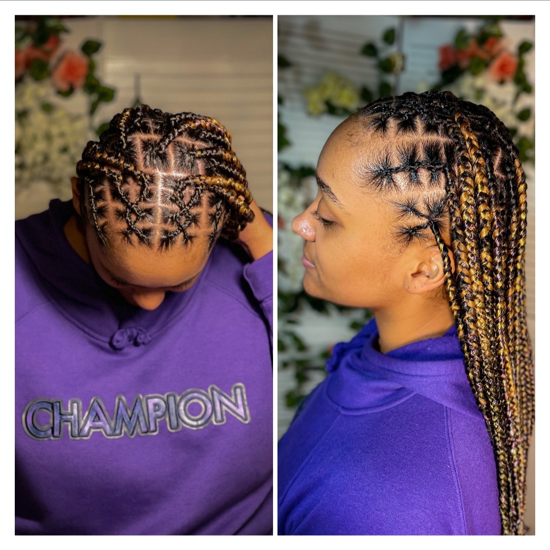 A lady showing the final results of her hair done from saison Beauty